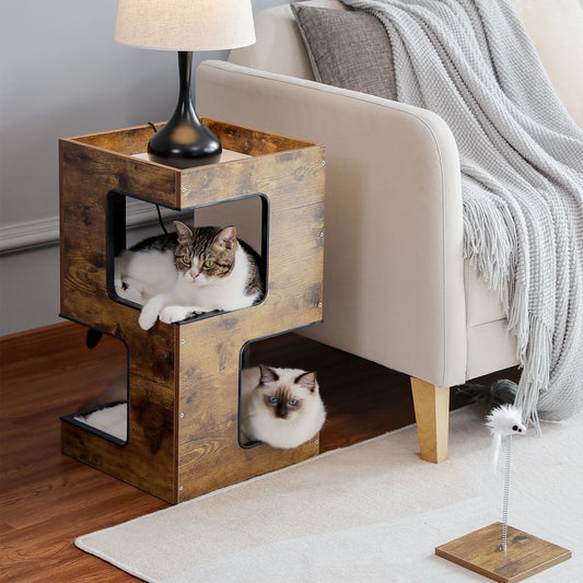 Stylish 23" Wooden Cat House - Modern Cat Tree Tower Bed with Free Cat Toy, Scratching Pad & Cozy Removable Mats in Elegant Brown