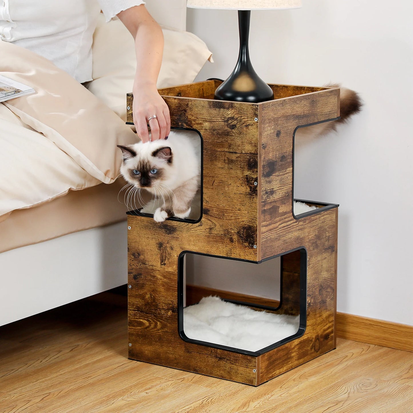 Stylish 23" Wooden Cat House - Modern Cat Tree Tower Bed with Free Cat Toy, Scratching Pad & Cozy Removable Mats in Elegant Brown