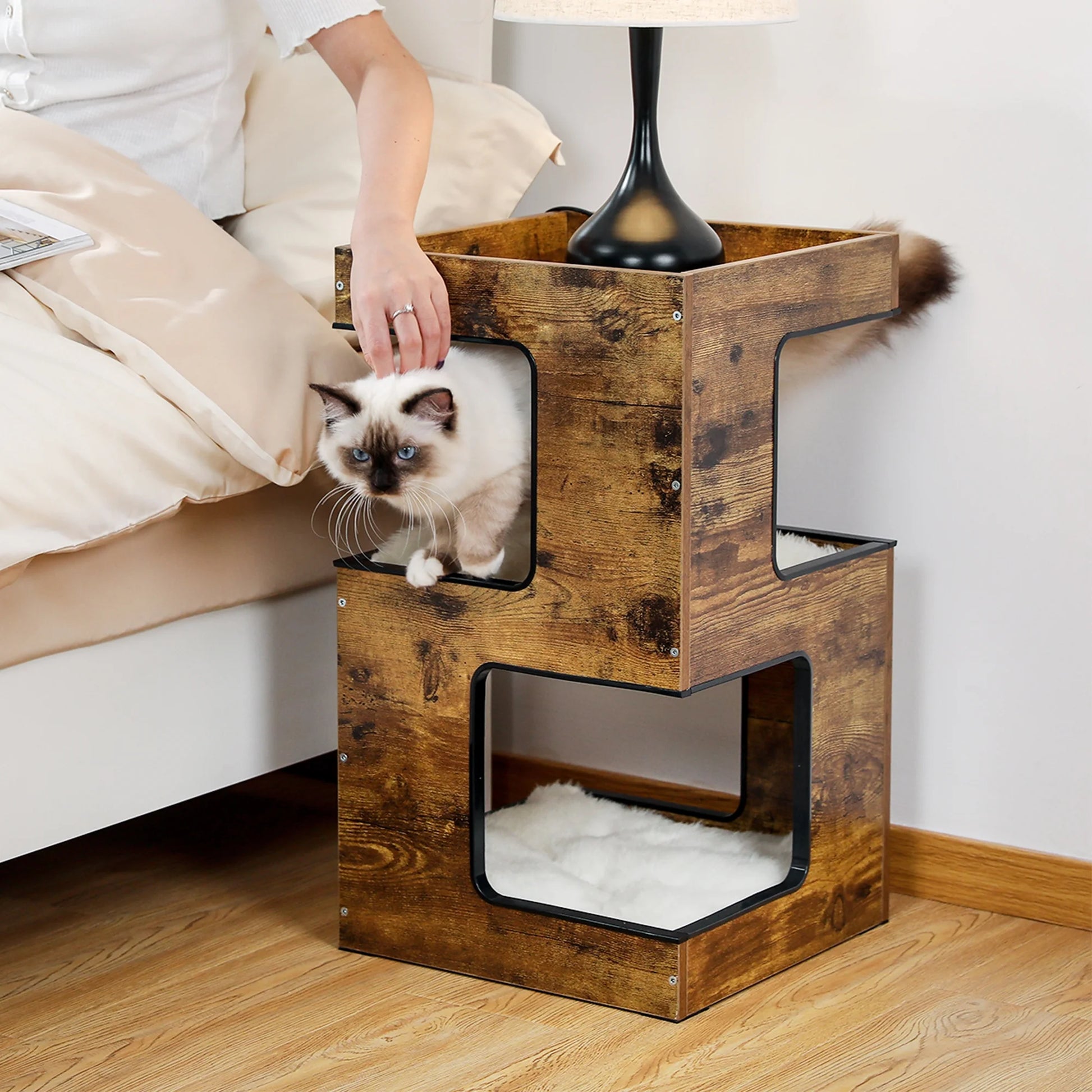 Stylish 23" Wooden Cat House - Modern Cat Tree Tower Bed with Free Cat Toy, Scratching Pad & Cozy Removable Mats in Elegant Brown