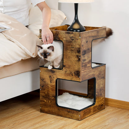 Stylish 23" Wooden Cat House - Modern Cat Tree Tower Bed with Free Cat Toy, Scratching Pad & Cozy Removable Mats in Elegant Brown