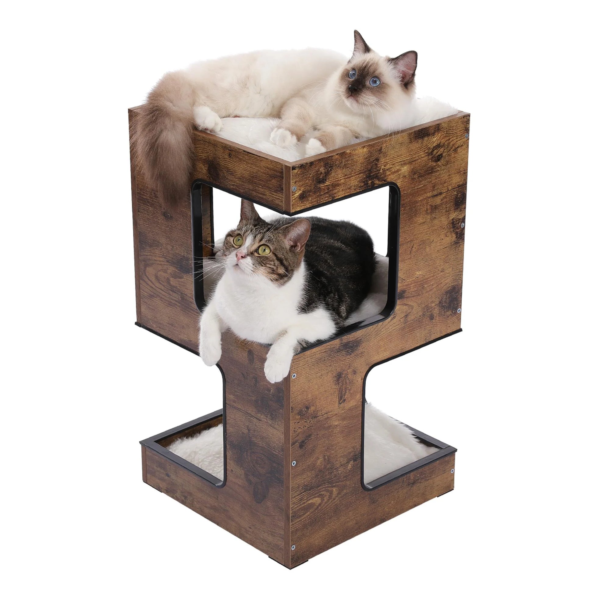 Stylish 23" Wooden Cat House - Modern Cat Tree Tower Bed with Free Cat Toy, Scratching Pad & Cozy Removable Mats in Elegant Brown