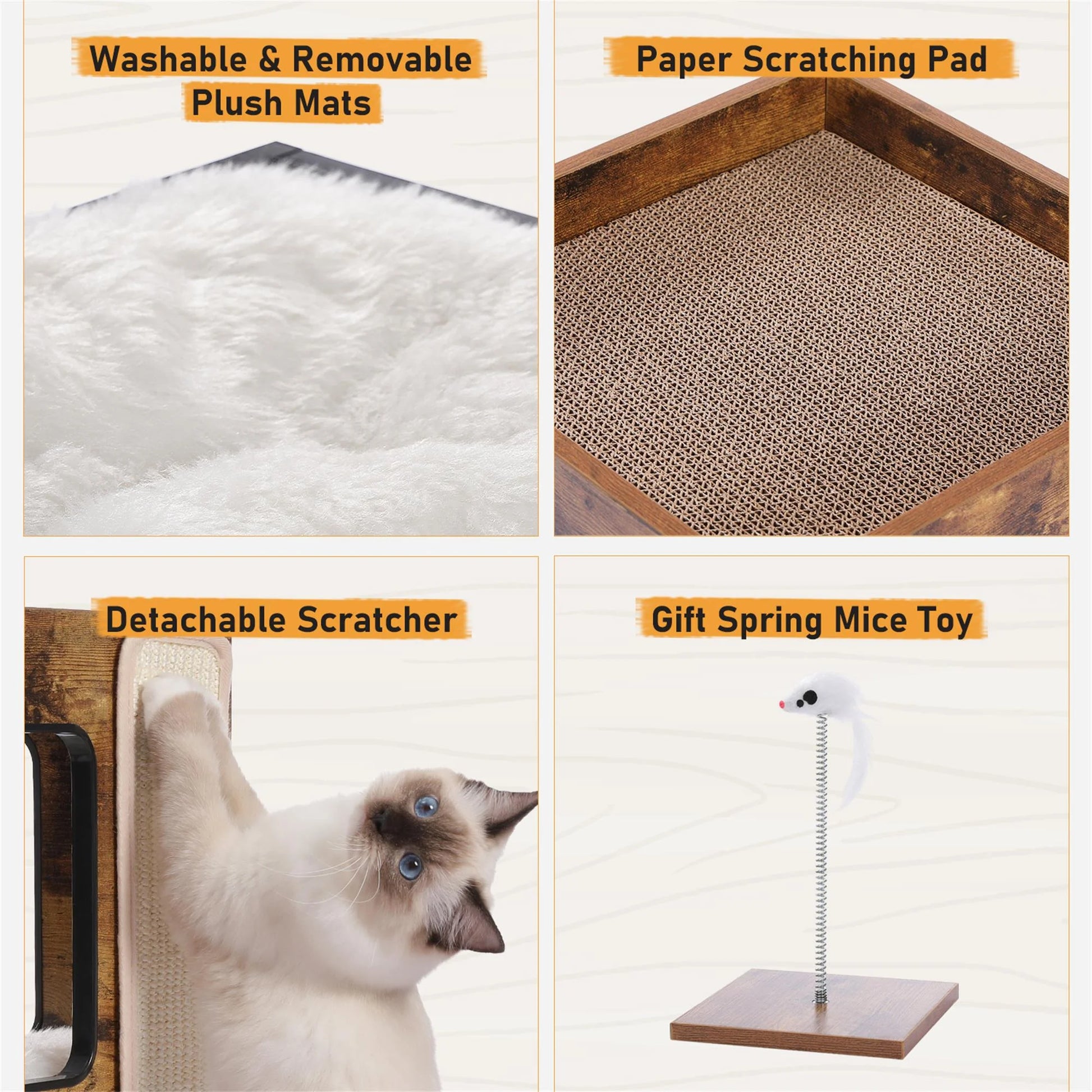 Stylish 23" Wooden Cat House - Modern Cat Tree Tower Bed with Free Cat Toy, Scratching Pad & Cozy Removable Mats in Elegant Brown