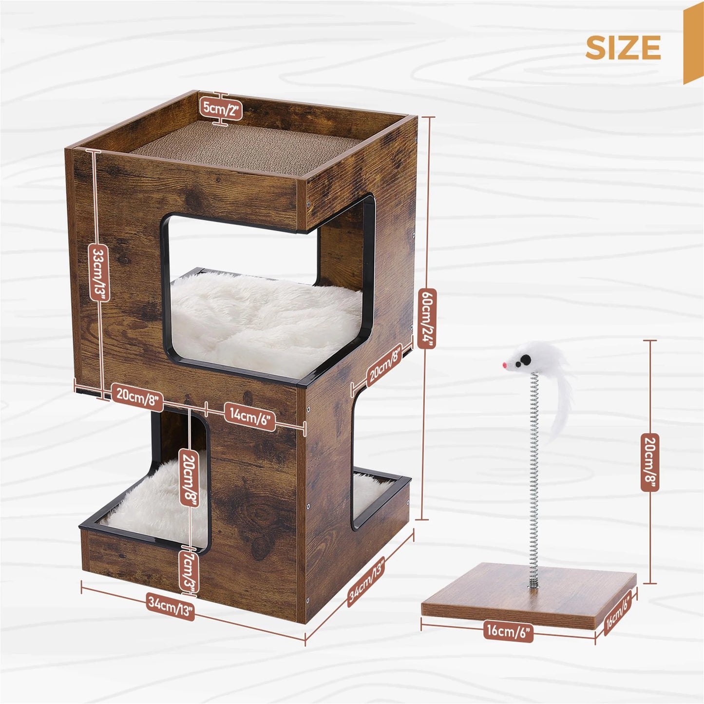 Stylish 23" Wooden Cat House - Modern Cat Tree Tower Bed with Free Cat Toy, Scratching Pad & Cozy Removable Mats in Elegant Brown
