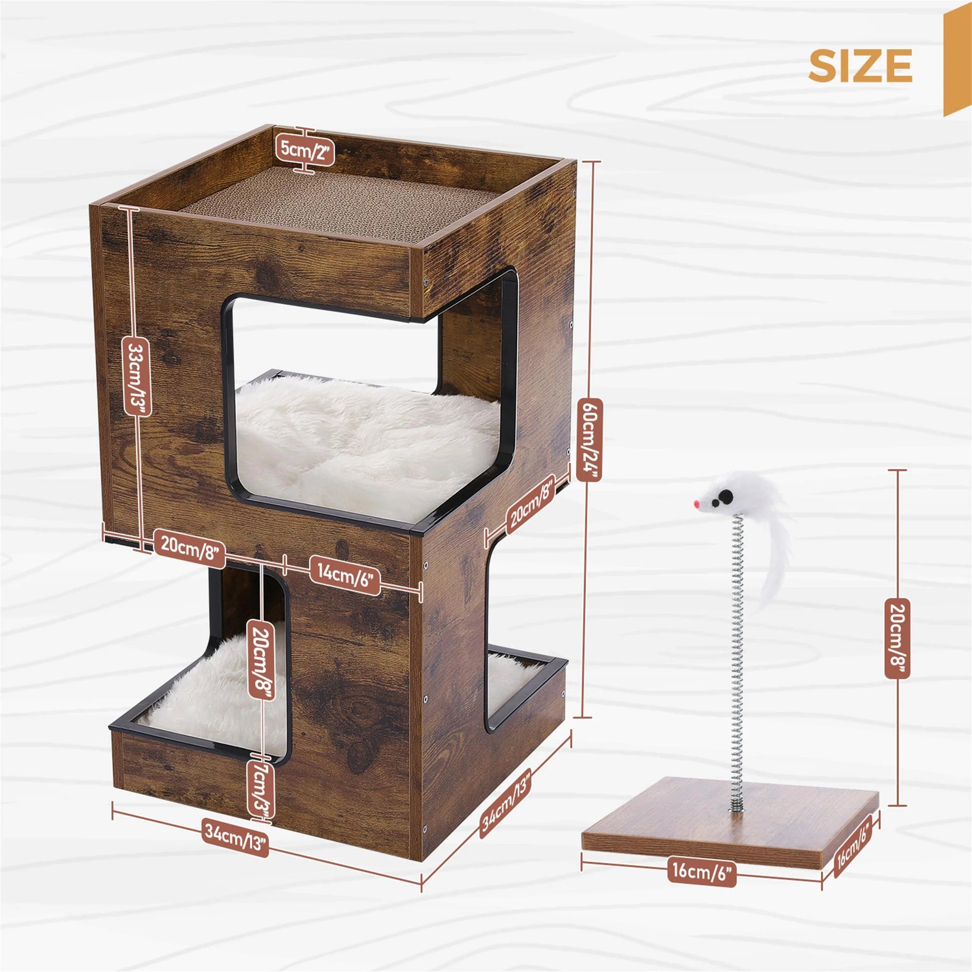 Stylish 23" Wooden Cat House - Modern Cat Tree Tower Bed with Free Cat Toy, Scratching Pad & Cozy Removable Mats in Elegant Brown