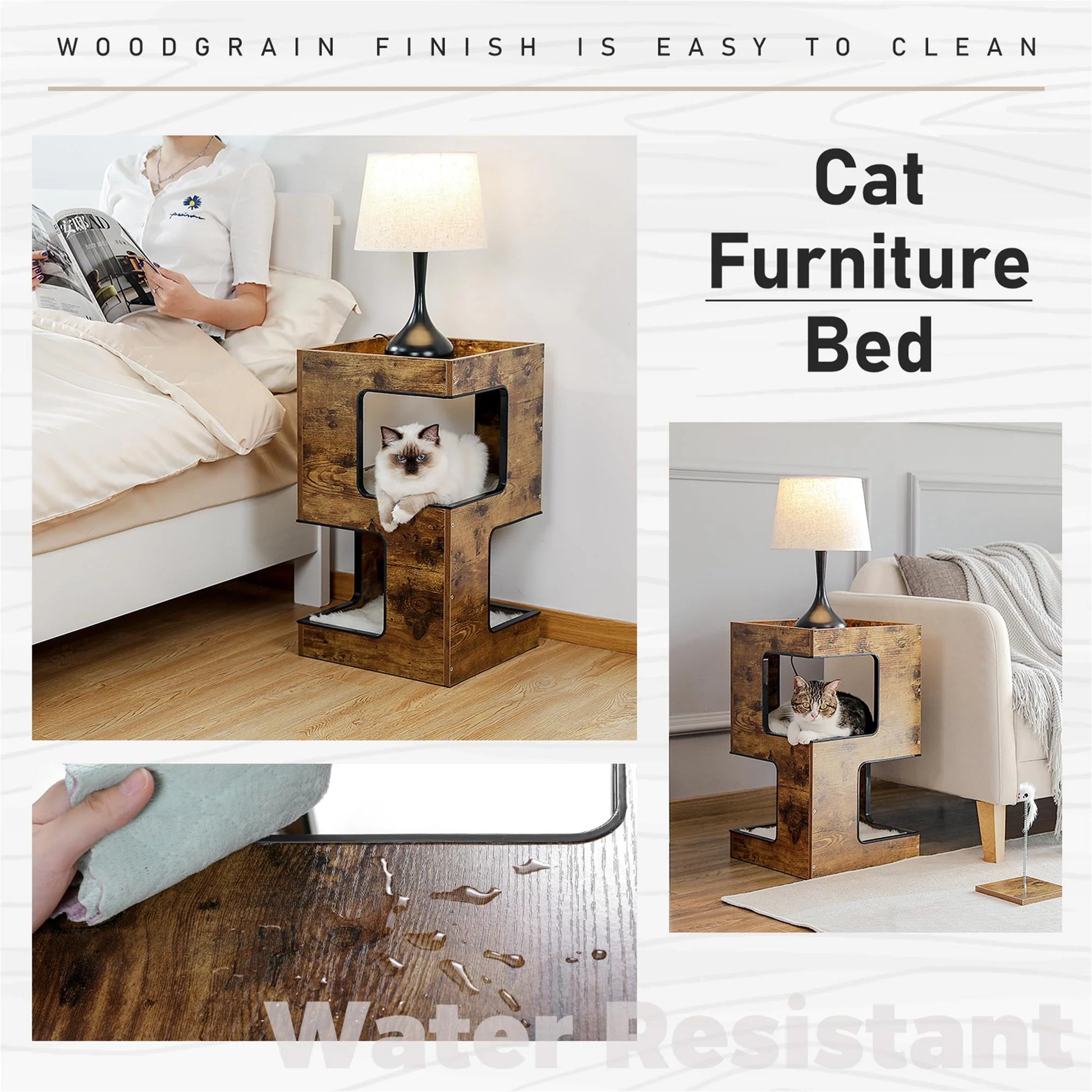 Stylish 23" Wooden Cat House - Modern Cat Tree Tower Bed with Free Cat Toy, Scratching Pad & Cozy Removable Mats in Elegant Brown
